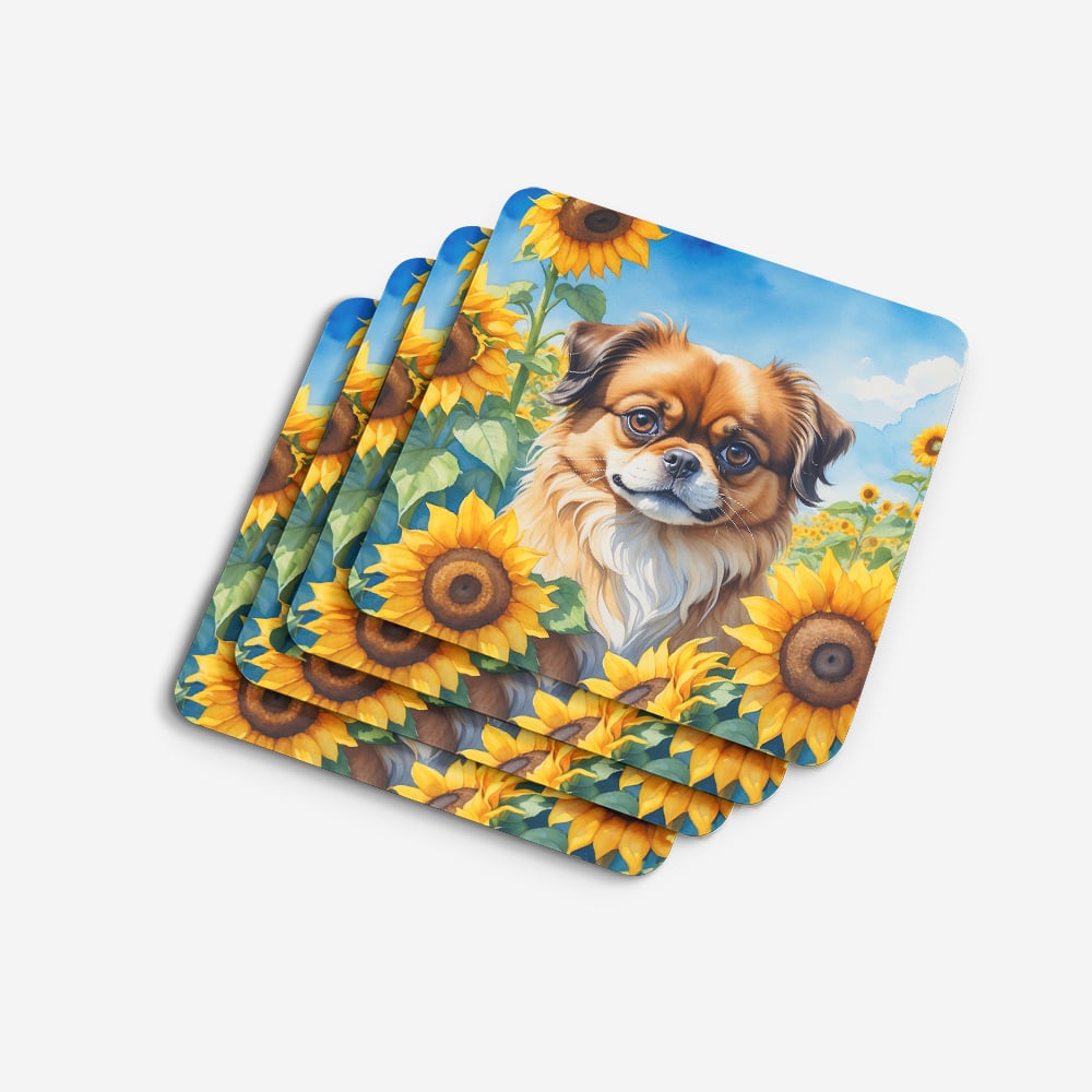Tibetan Spaniel in Sunflowers Foam Coasters 3.5 in x 3.5 in