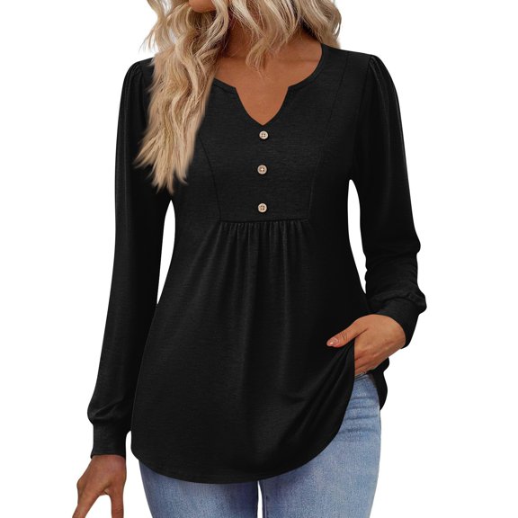 Kixjoy V Neck Long Sleeve Shirts for Women Long Sleeve Plus Size Button Down Shirts Fall Casual Lightweight Tunic Tops Trendy Travel Loose Fit Women Clothing, Black XXL