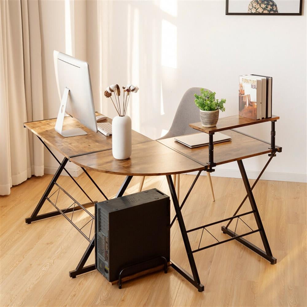 Demi Bonn L-Shaped Desk Reversible Corner Computer Desk with Movable Shelf and CPU Stand, Small Home Office Desk Study Writing Table, Walnut