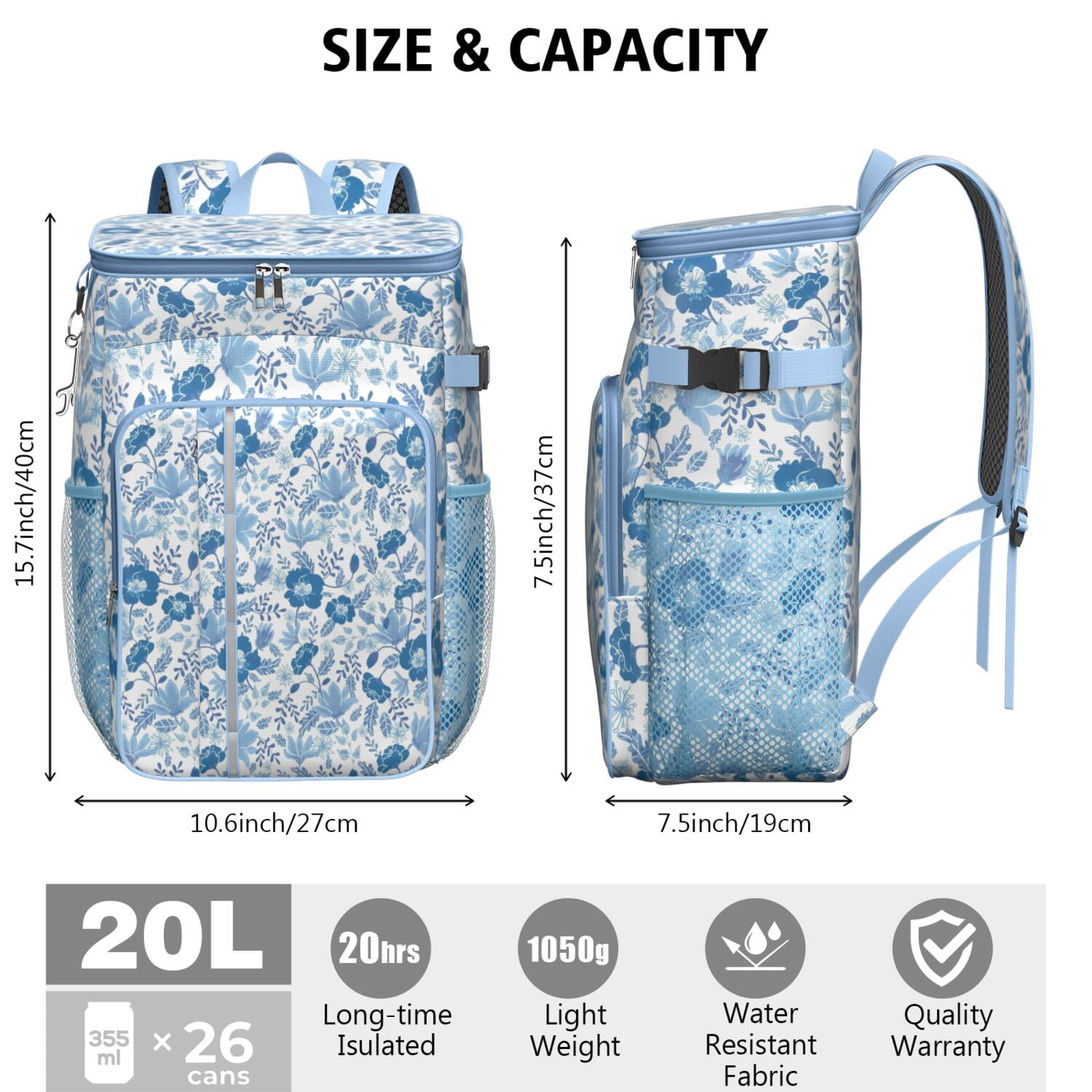 Travel Cooler Bag - Pioneer Flower Floral Print Pattern Camping Beer Cooler Backpack with Bottle Opener- Waterproof Insulated Picnic Backpacks - Cooler Bag for Beach