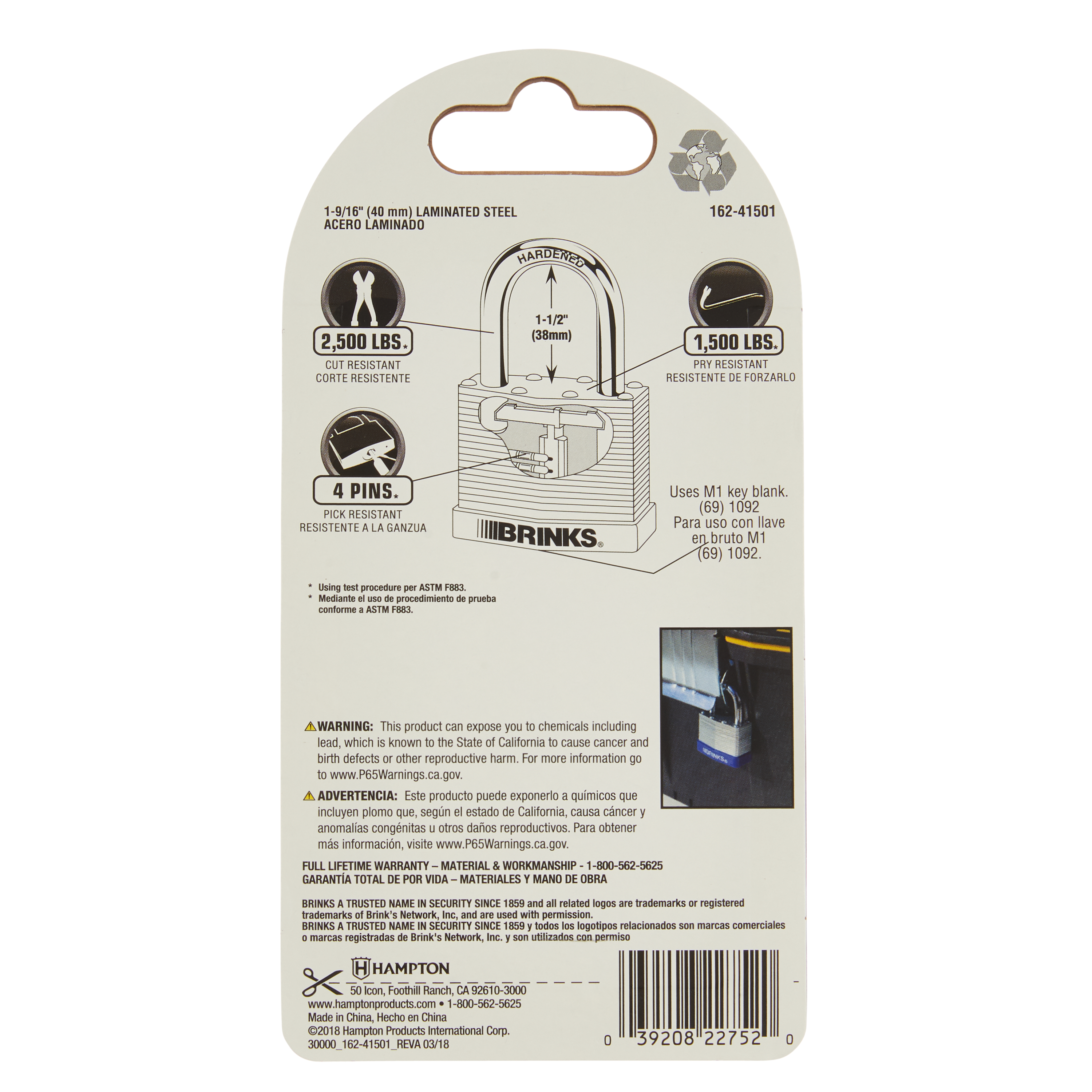 Brinks High-Security Laminated Steel Padlock, 40mm with 1-1/2in Shackle photo 7