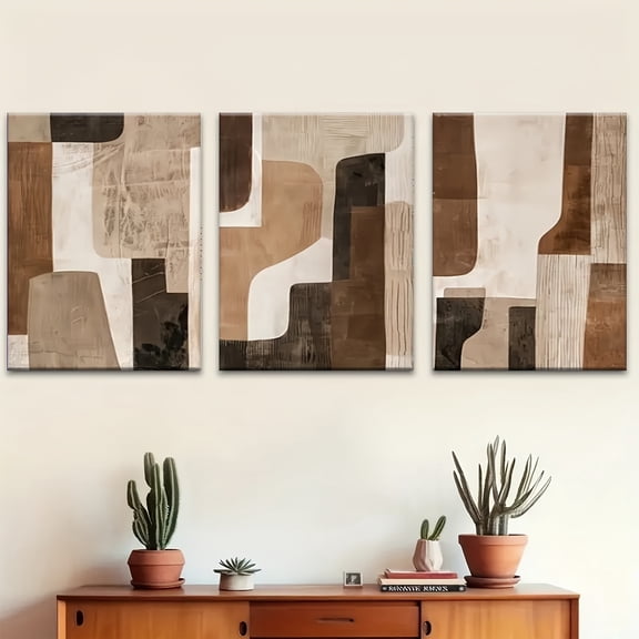 3pcs Of Wooden Framed Wall Art, Brown And Beige Neutral Abstract Wall Art Aesthetic Canvas Printing Mural, Creative Art Design, Ideal Gift for Living Room, Bedroom, Office Decoration,