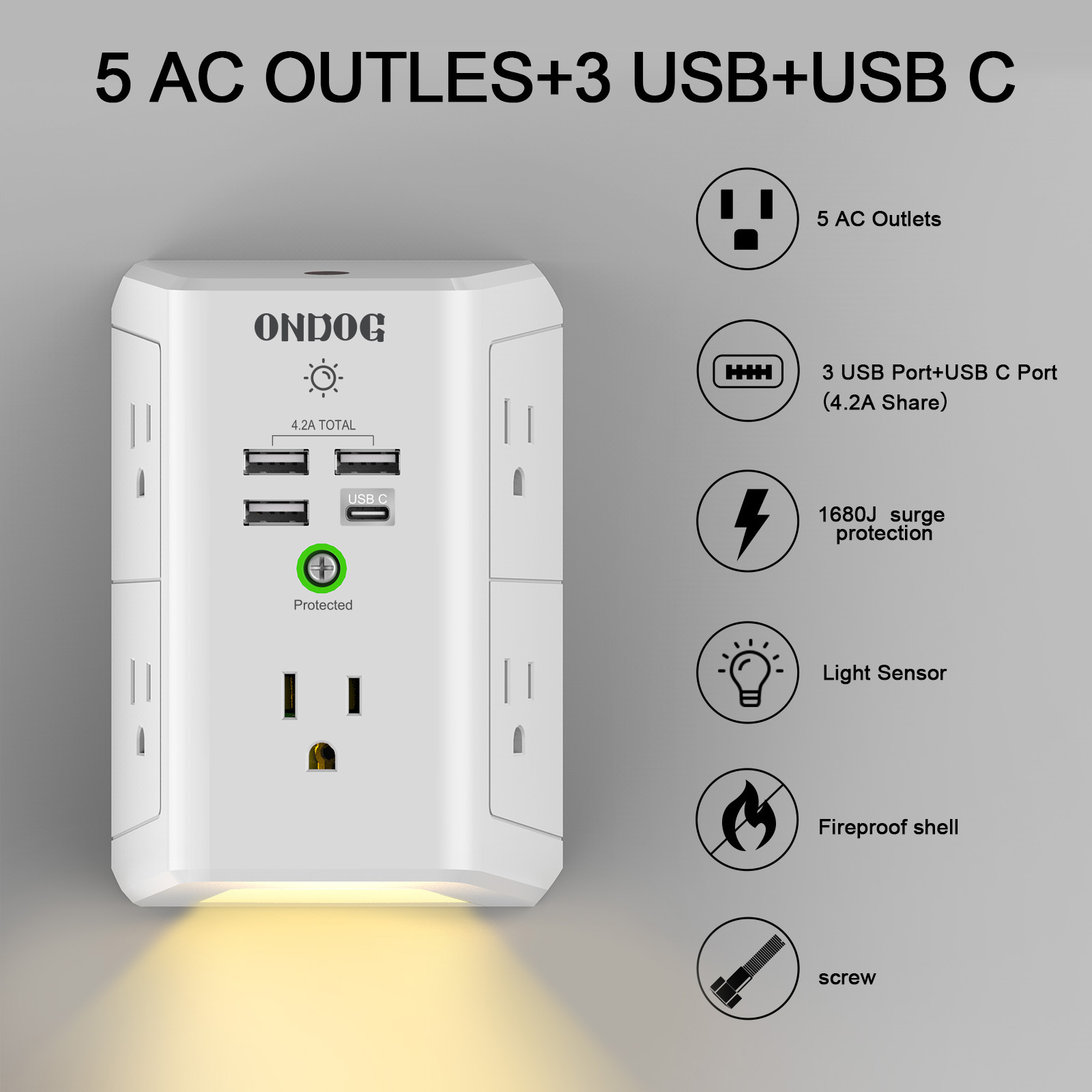 ONDOG 5-Outlet Surge Protector Power Strip with 4 USB Ports photo 6