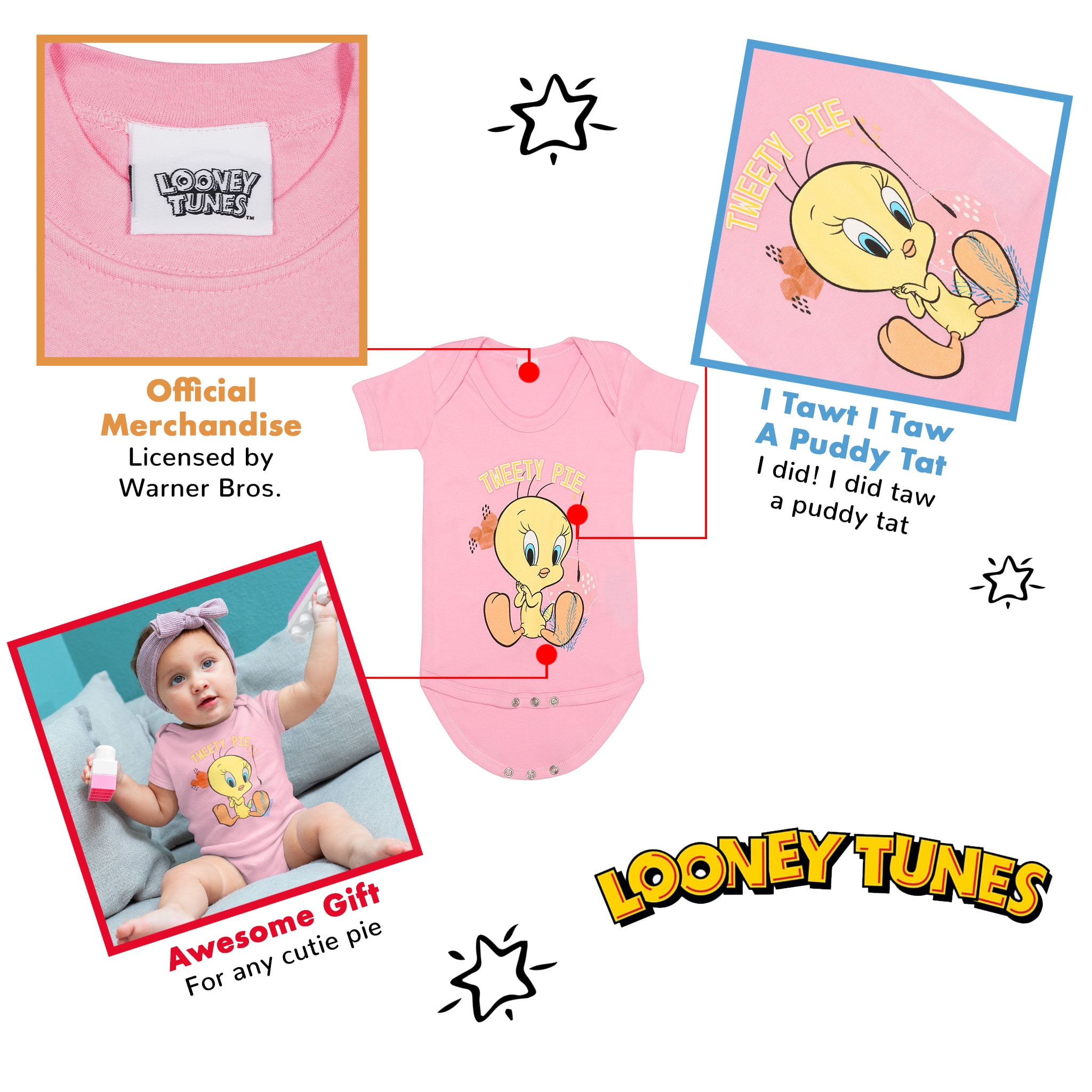 Gift Idea for Girls Looney Tunes Tweety Pie Baby Girls Romper Official Merchandise Baby