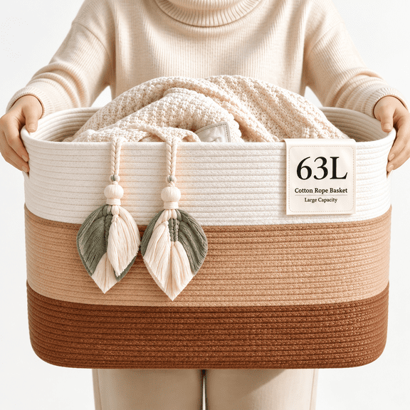 HAWQP Large Blanket Basket for Living Room, Woven Storage Basket with Handles, Decorative Laundry Basket for Blankets, Pillows, Toys, Clothes and Home Organization, White & Light Brown
