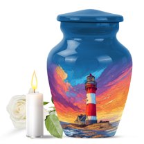 JAGASY Lighthouse Funeral Urn for Brother - Ocean Blue Small Urn for Ashes Adult Male - Yellow Pink Sunset Clouds Decorative Urns for Sister - Mini Cremation Urns for Human Ashes Keepsake - (3 Inch)
