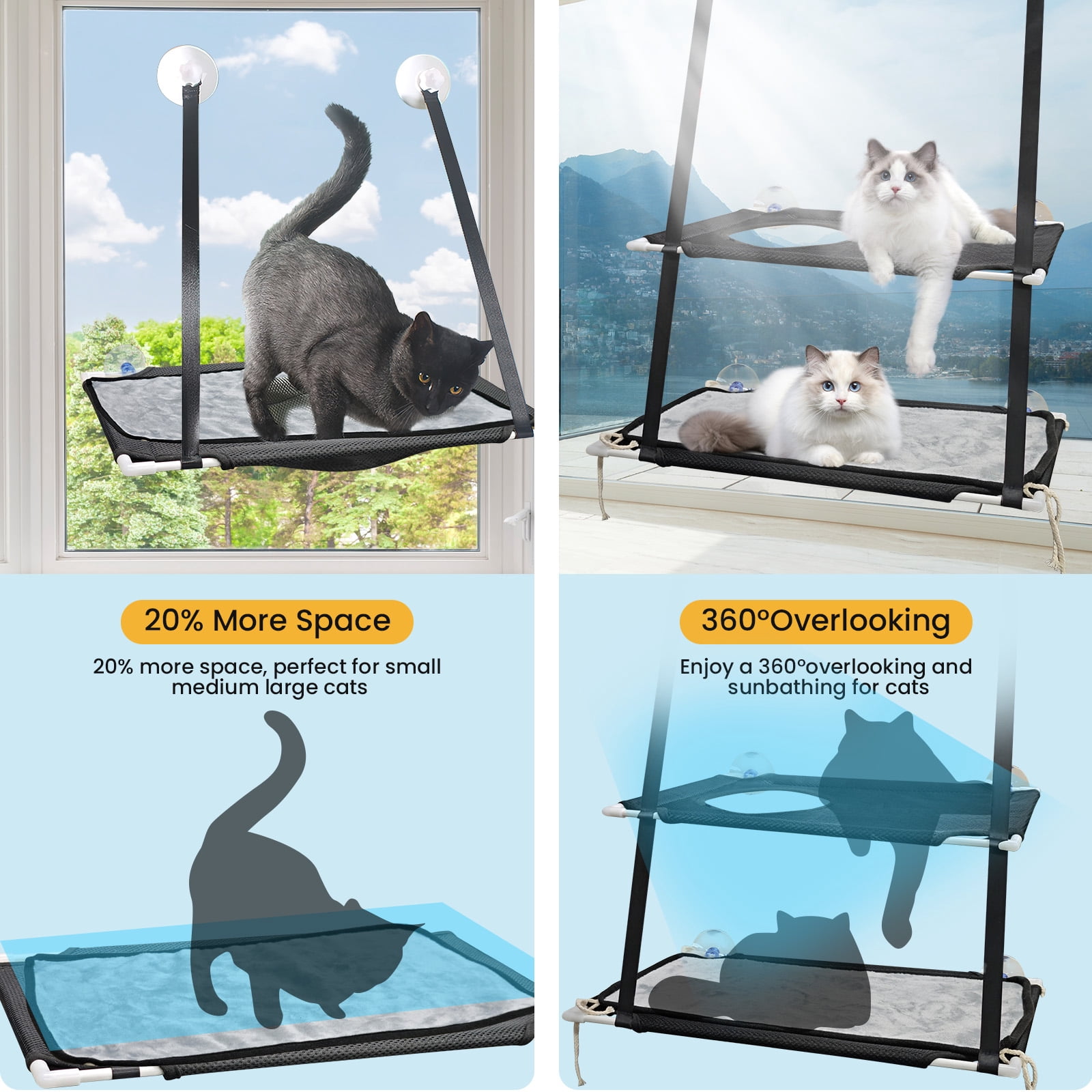 Cat Window Perch, Double Layered Cat Window Hammock, Window Mounted Cat Seat Cat Bed, Window Sill Cat Bed, Cat Hammock for Window, Black