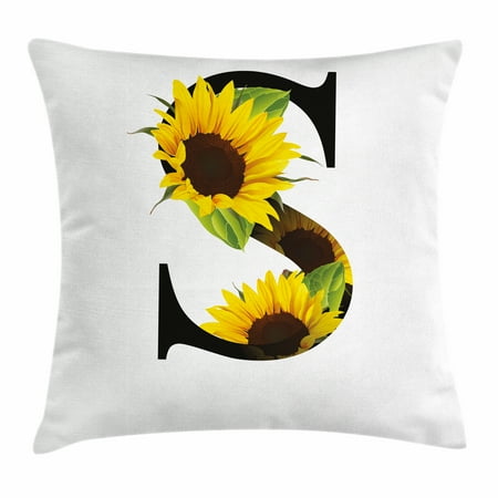 Letter S Throw Pillow Cushion Cover, Letter S with Flora Elements Sunflowers on Dark Colored Abstract Art Print, Decorative Square Accent Pillow Case, 16 X 16 Inches, Yellow Green Black, by