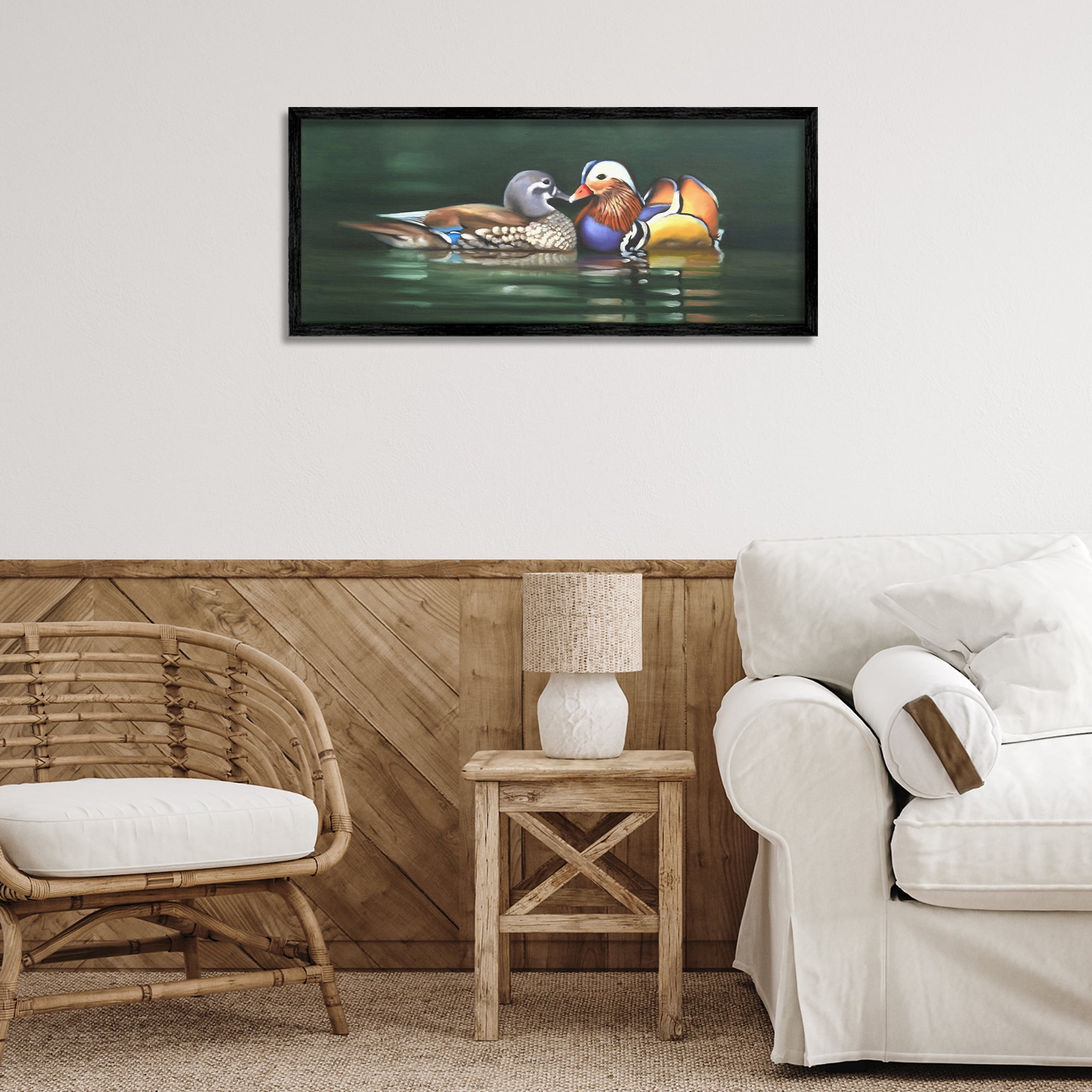 Stupell Industries Patterned Birds in Lake Animals & Insects Painting Black Framed Art Print Wall Art, 30 x 13