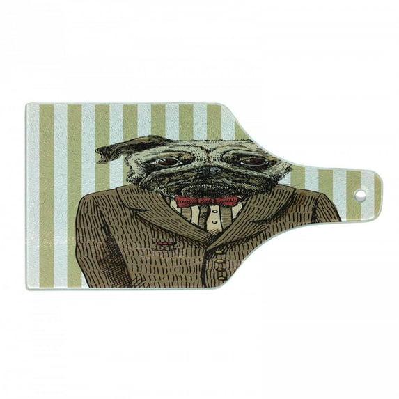 Pug Cutting Board, Hand Drawn Sketch of Smart Dressed Dog Jacket Shirt Bow Suit Striped Background, Tempered Glass Cutting and Serving Board, Wine Bottle Shape, Brown Pale Brown, by Ambesonne