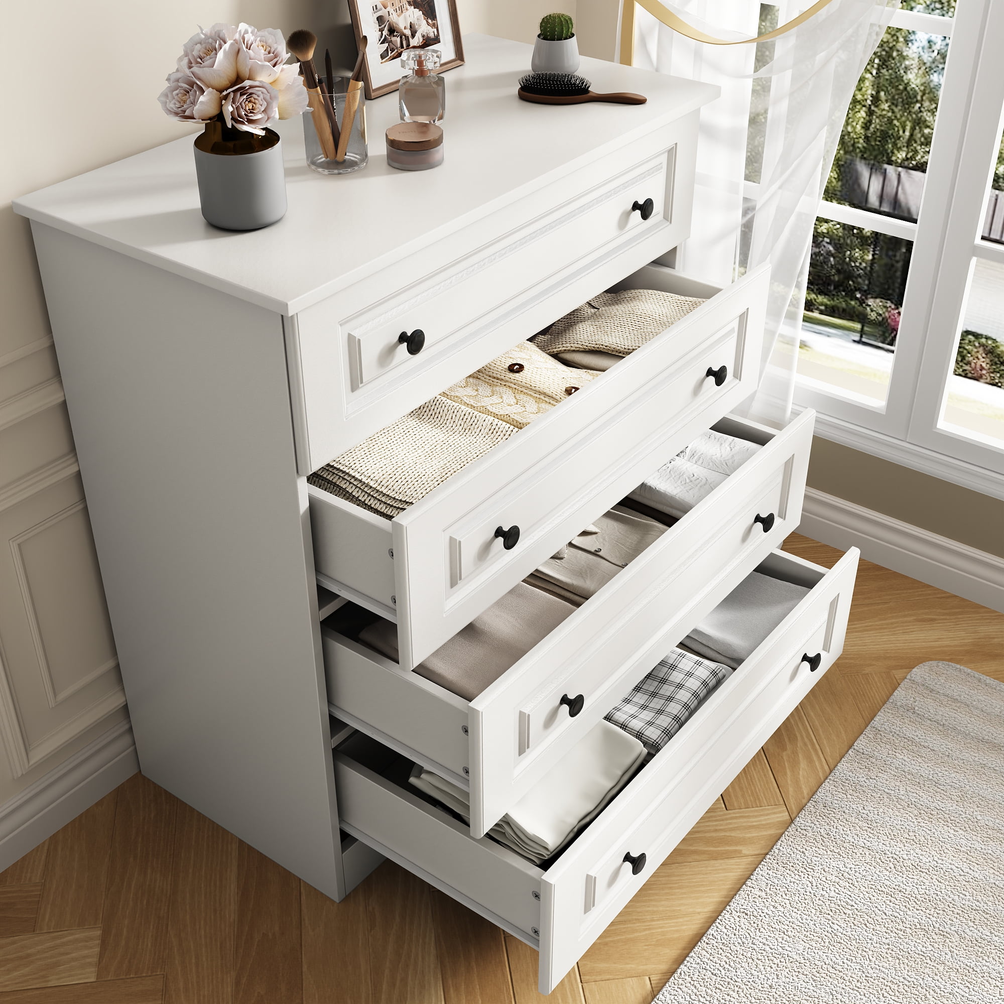 4 Drawer White Dresser for Bedroom, 35 Inch Tall Storage Chest with Large Drawers, Modern Space Saving Furniture for Hallway, Entryway (White)