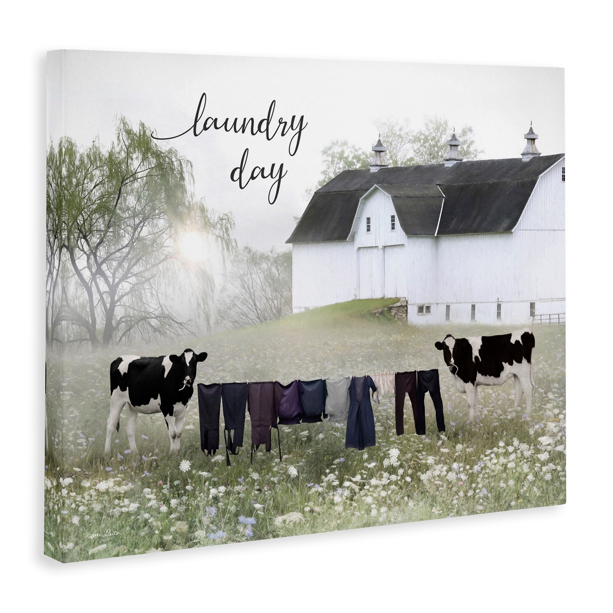 Stupell Laundry Day Rural Cows Meadow Nature Painting Gallery Wrapped Canvas Print Wall Art