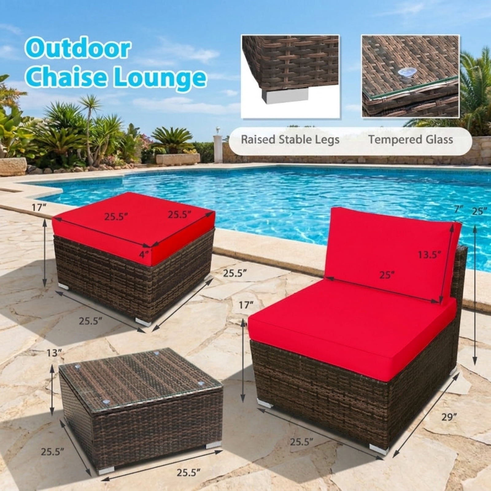 Furnibear 5 Piece Patio Furniture Set Outdoor Wicker Conversation Set with Cushioned Armless Sofas and Coffee Table for Garden Deck, Red