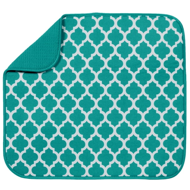S&T Reversible Microfiber Dish Drying Mat, 16" x 18", Teal Trellis