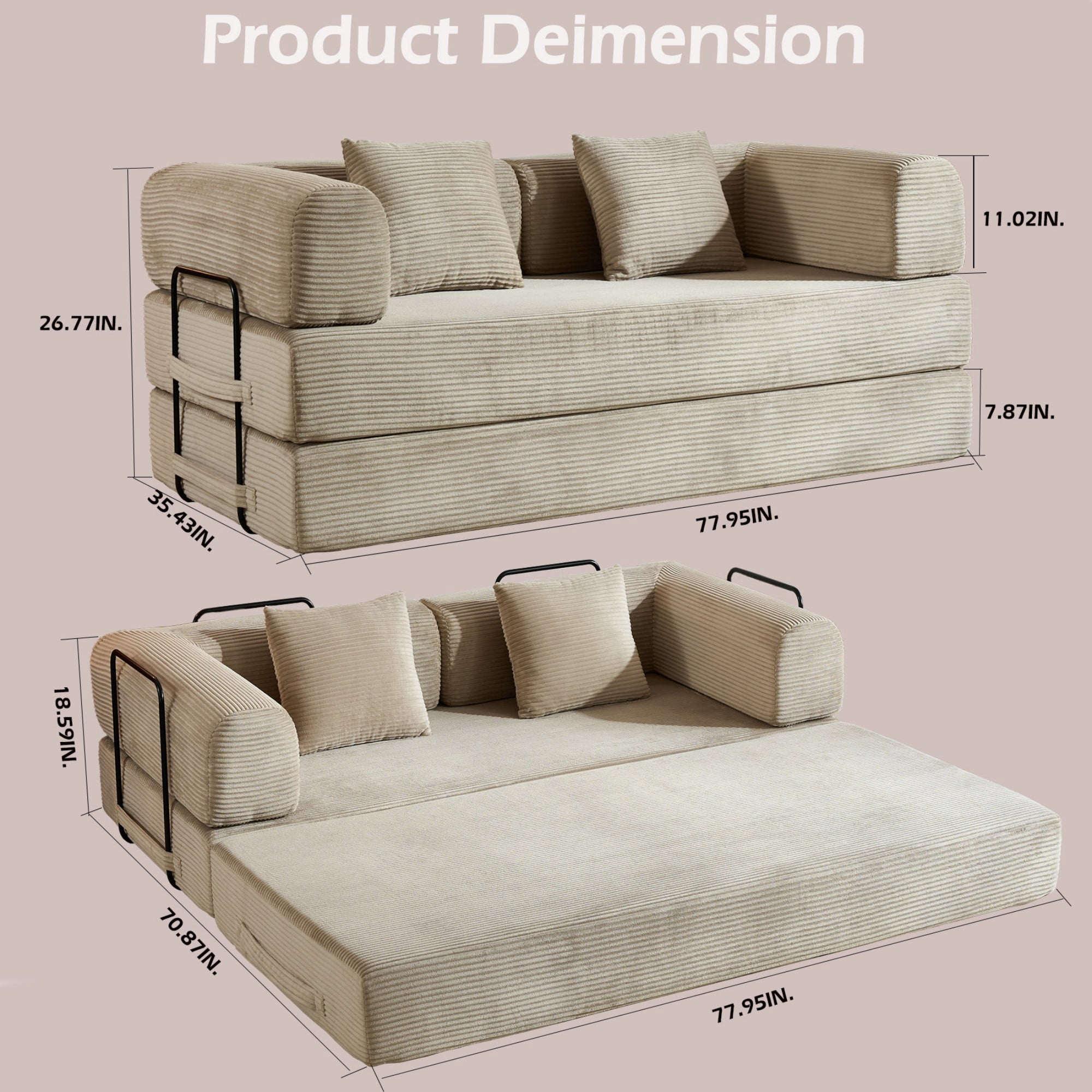 BSHTI 77" Corduroy Convertible Sleeper Sofa Bed with Cylindrical Pillow, No Assembly, Small Space for Living Room（Beige）