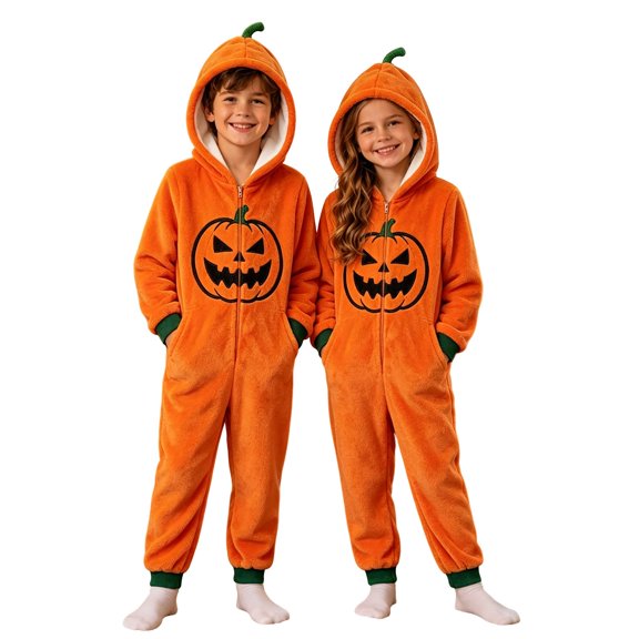 ZHOGXU Halloween Boys Girls Pumpkin Head Stick Figure Graphic Hoodie Jumpsuit Full Zip Jumpsuit With Pocket for Kids Stylish Festival Party Sleepwear,13-14 Years