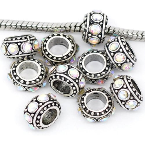 Sexy Sparkles Silver Base Metal Rhinestone Clear Iridescent Rhinestone Charms Spacer Beads For Snake Chain Charm Bracelet for Women- Zinc Metal Alloy, 5 Charms