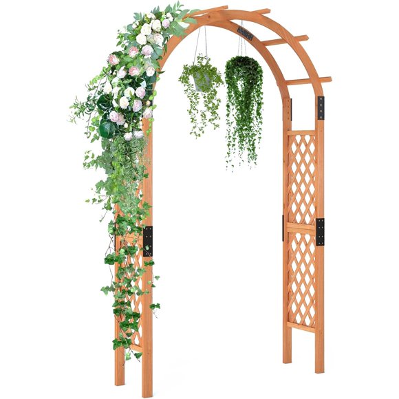 7.7FT Wooden Garden Arbor Trellis, Outdoor Pergola Arch with Climbing Plant Support, Wood Wedding Arch for Ceremony, Pathway, Birthday Party, Garden Décor, Weather-Resistant, Easy Assembly