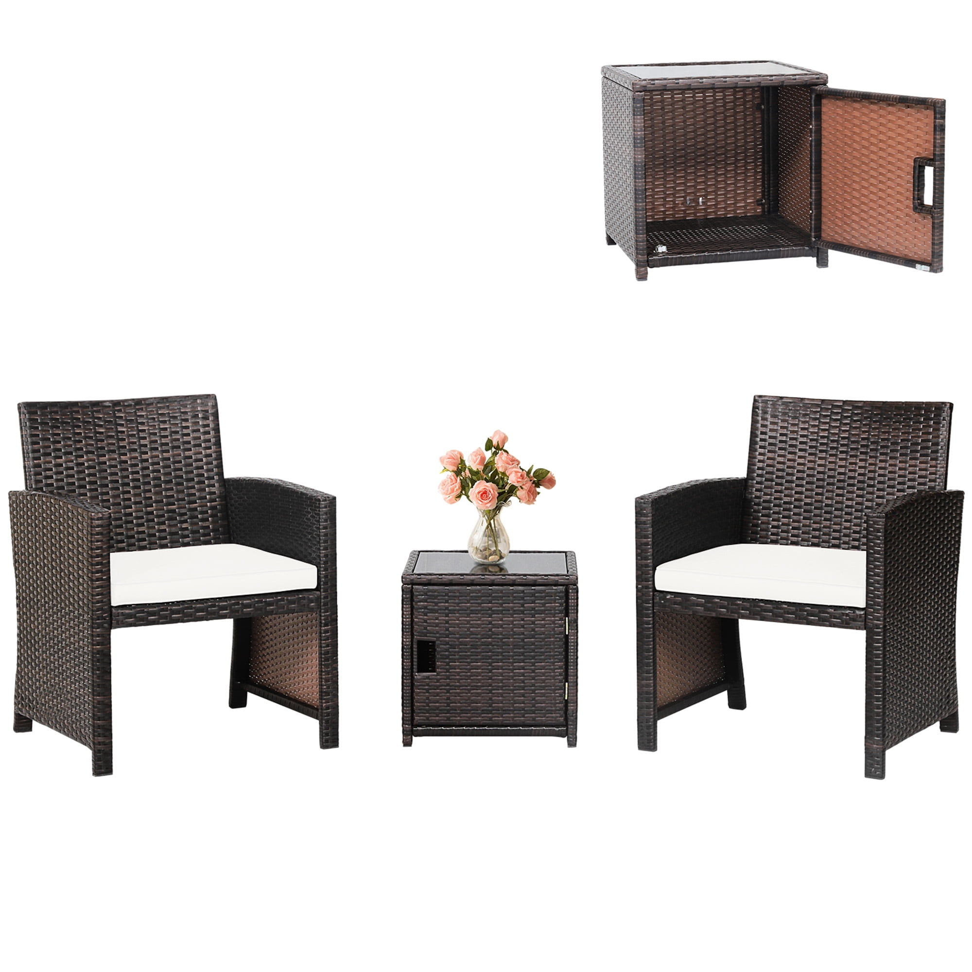 Gymax 3PCS Patio PE Rattan Conversation Furniture Set Bistro Set W ...