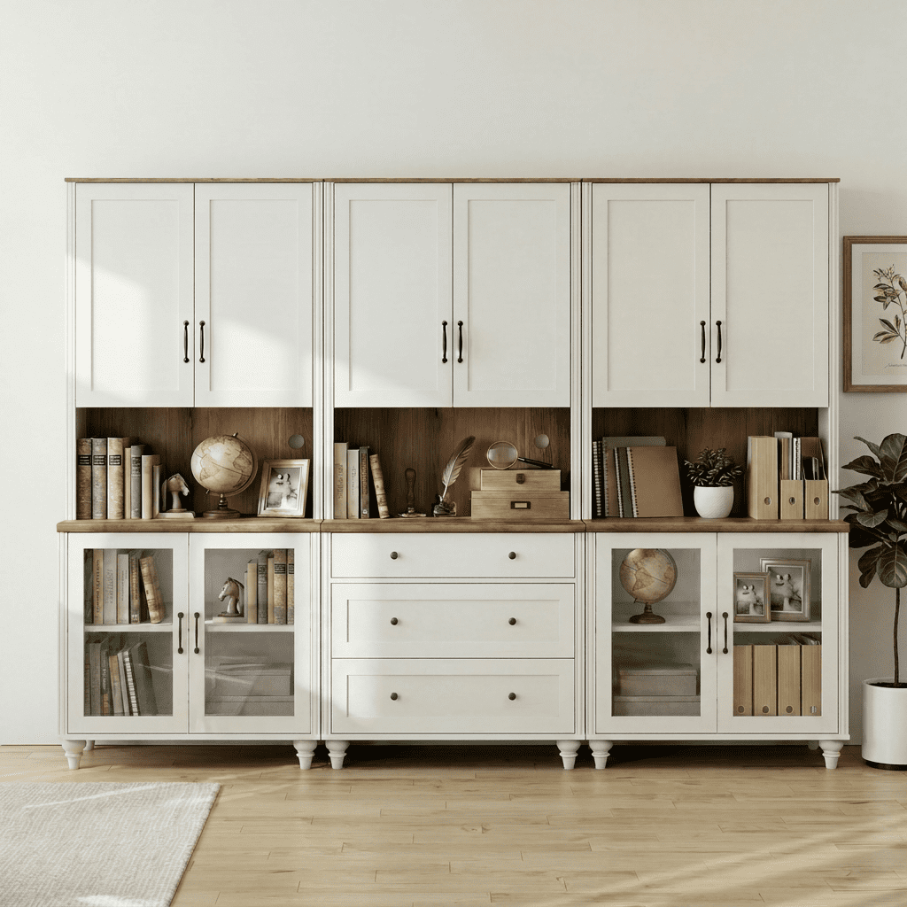 Sideboard Buffet Cabinet with Storages, Large Bookcase with Glass Doors, Bookshelf with Ample Storage Cabinets, Farmhouse Bookshelves for Living Room, Office, Study Room, White, 72" H