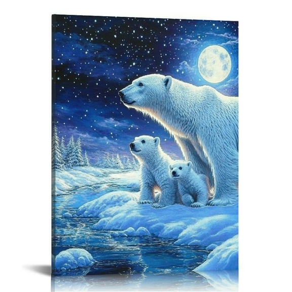 Patifu Polar Bear Cubs Snowy Night Wall Art Canvas for Living Room Bedroom Home Office Wall Decor 12x16 in