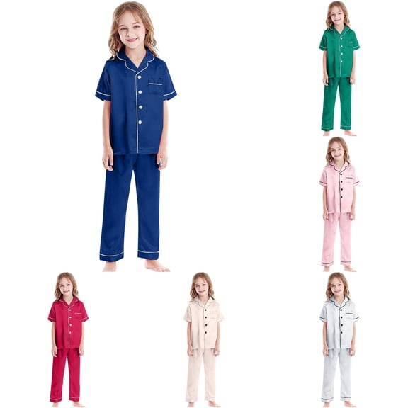 Weebloom Summer Pajamas For Kids Girls Unisex Satin Pajamas Set Boys Silk Pj'S Short Sleeve 2 Piece Long Pants Button Down Kids Sleepwear Nightwear Pjs Loungewear Blue 8-9 Years