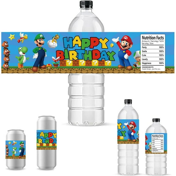 30Pcs Mario Water Bottle Labels Mario Party Birthday Decorations for Mario Themed Birthday Party Supplies