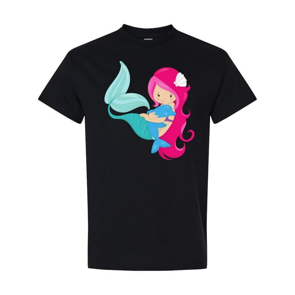 Inktastic Cute Mermaid, Little Mermaid, Pink Hair, Dolphin T-Shirt