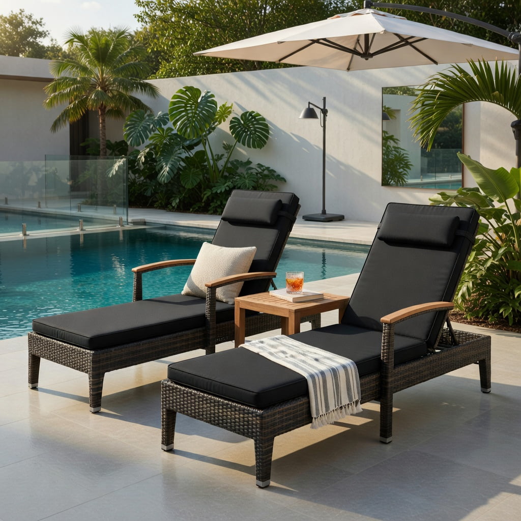Hommoo Adjustable Outdoor Wicker Recliner Chair with Footrest & Removable Cushions, PE Rattan, Acacia Wood Frame, Black