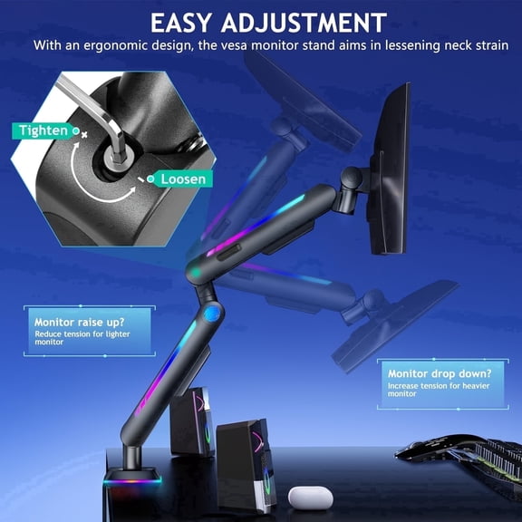 Heavy Duty Single Monitor Mount with RGB Light, Height Adjustable Arm for 17'32' Screens up to 19.8 lbs, VESA Mount with Clamp and Grommet Base, Black