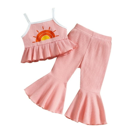 

Fsqjgq Girls Cute Sweatpants Toddler Girls Sleeveless Ruffles Rainbow Printed Vest Tops Flare Pants Outfits Baby Girl Just Arrived Cotton Blend Pink 92