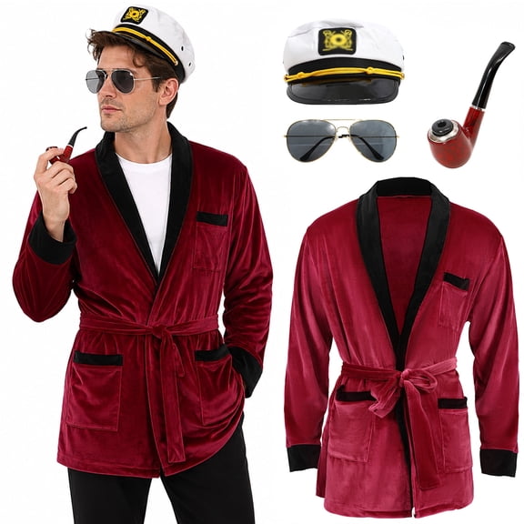 4Pcs Halloween Costume for Men Adult Red Velvet Lounge Robe Jacket with Captain Hat Accessories
