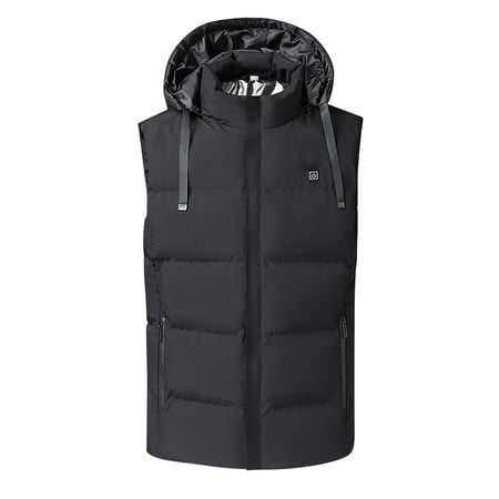 JSGEK Discount Men's Heated Hooded Vest with Battery Pack Zipper Lightweight Down Rechargeable Electric Heated Apparel with 7 Heating Panels with Pocket Black XL