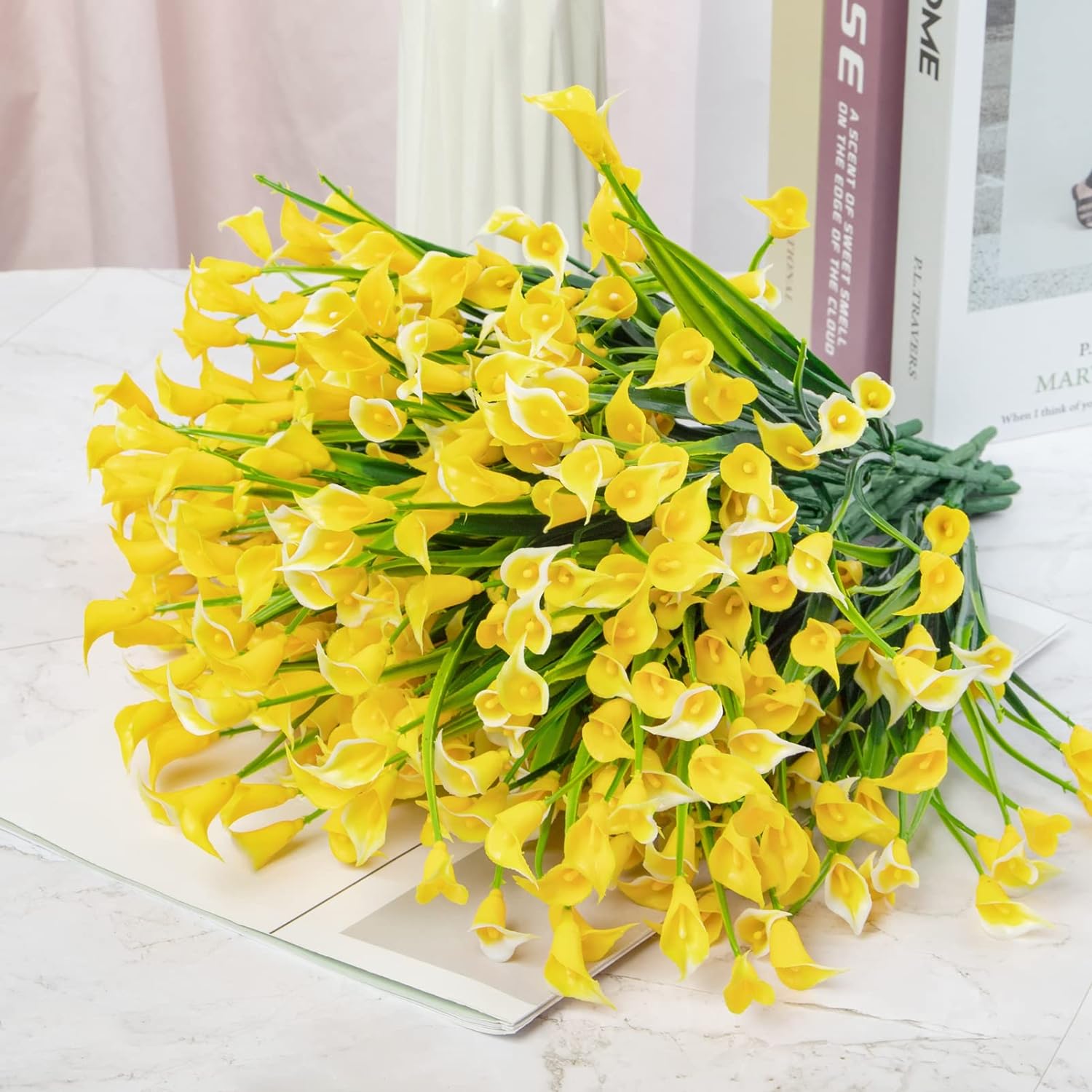 Artificial Flowers for Outdoors Fake Calla Lily Flowers Faux Plastic Plants UV Resistant Spring Summer Flowers for Garden Porch Patio Office Window Box Table Home Decorations, Yellow
