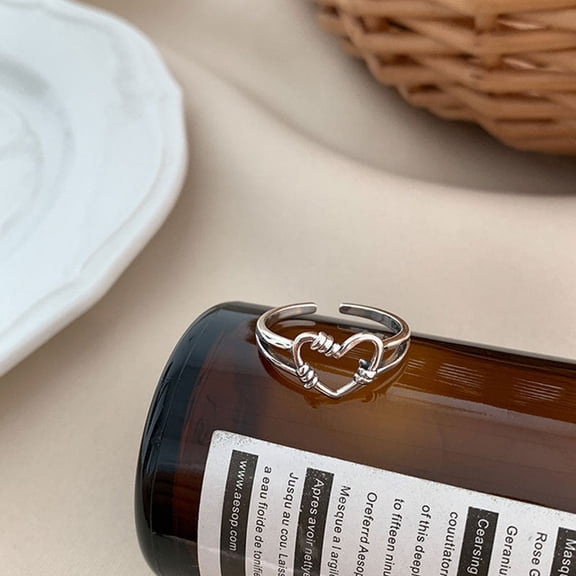 Sterling Silver Heart-Shaped Opening Ring, Adjustable, Korean Style, 925 Silver Purity, Women's Fashion Jewelry, Vintage Love Heart Design