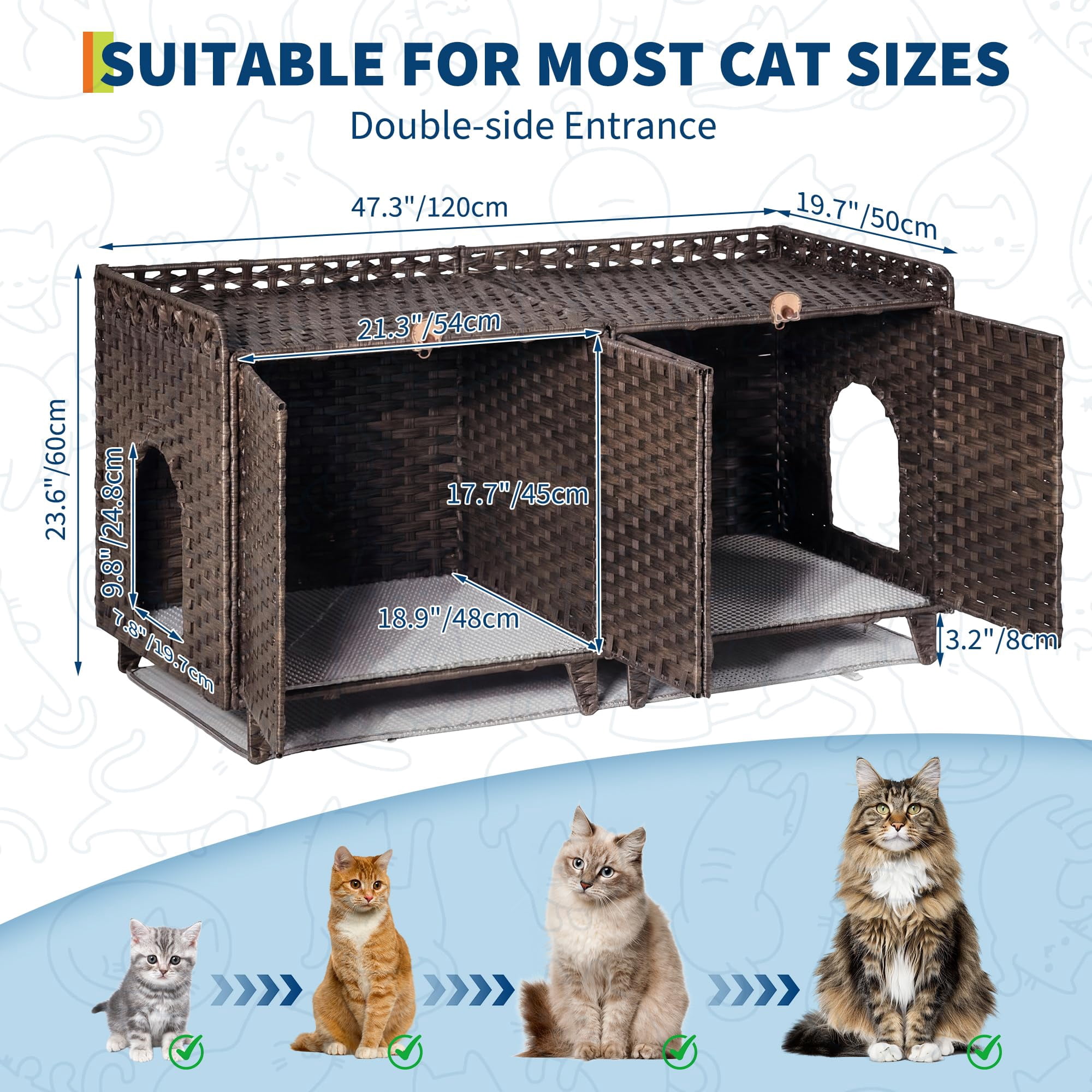 Double Litter Box Enclosure for 2 Cats - Rattan Hidden Cat Furniture with Litter Mat 2 Hooks & Doors, Large Cat House for 2 Litter Boxes, Easy Clean, 47.2" l x 19.7" w x 23.6" h Brown