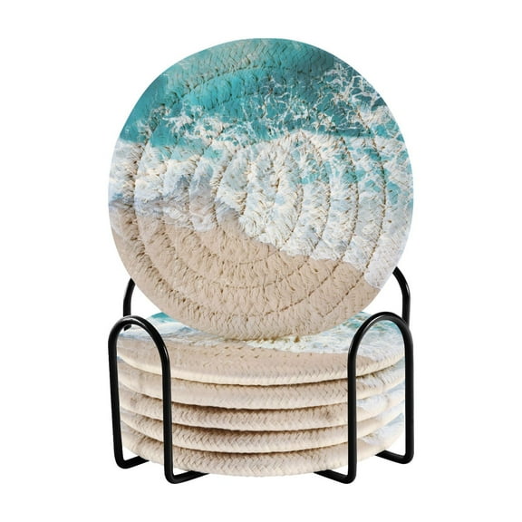 Beach and Waves Coasters with Holder for Coffee Table 6 Pcs Drink Coaster Sets Absorbent for Home Decor 4 inch