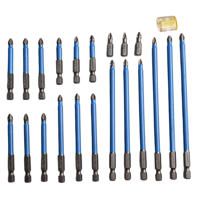 Magnetic Long Hex FOR Phillips Screwdriver Bits Set Slip Design (21P-25-150MM) featuring 21 pieces of assorted sizes in blue and grey. Made from high-grade alloy steel with a hardness rating of HRC58-62, these bits offer exceptional wear resistance. The set includes anti-slip striped heads for efficient removal of damaged or stripped screws and is compatible with most electric hand drills. Includes magnetization accessories for precise work.