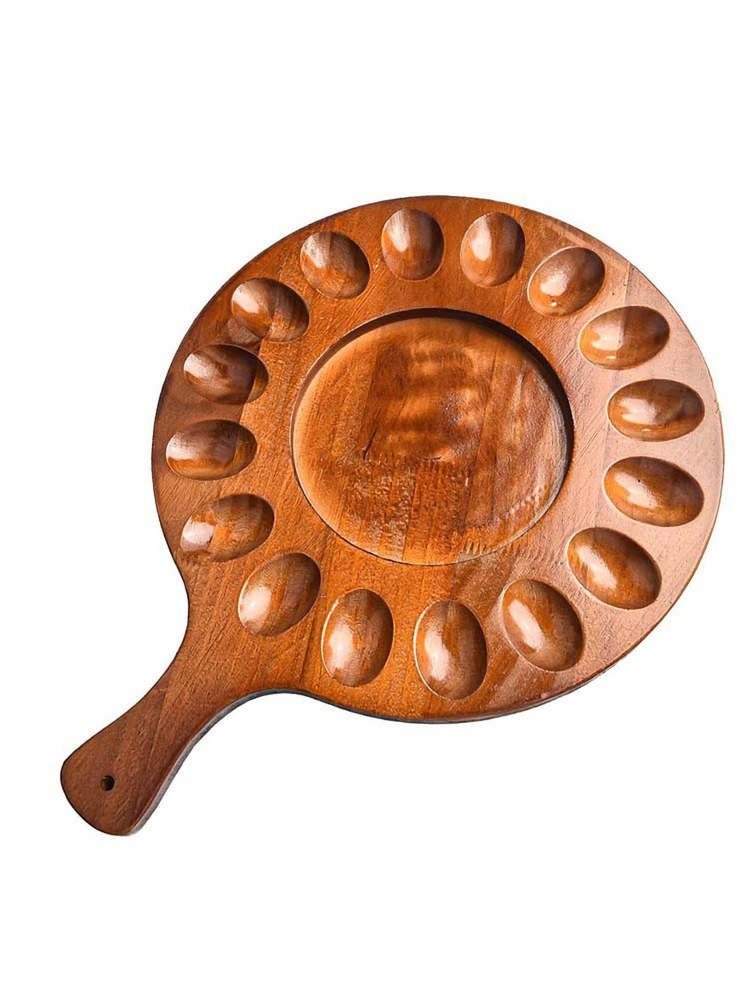 Ana Wooden Deviled Egg Platter with 16 Holes - Round Egg Holder Tray for Kitchen Storage, Countertop Organization, Parties, Holidays - Acacia Wood with Handle