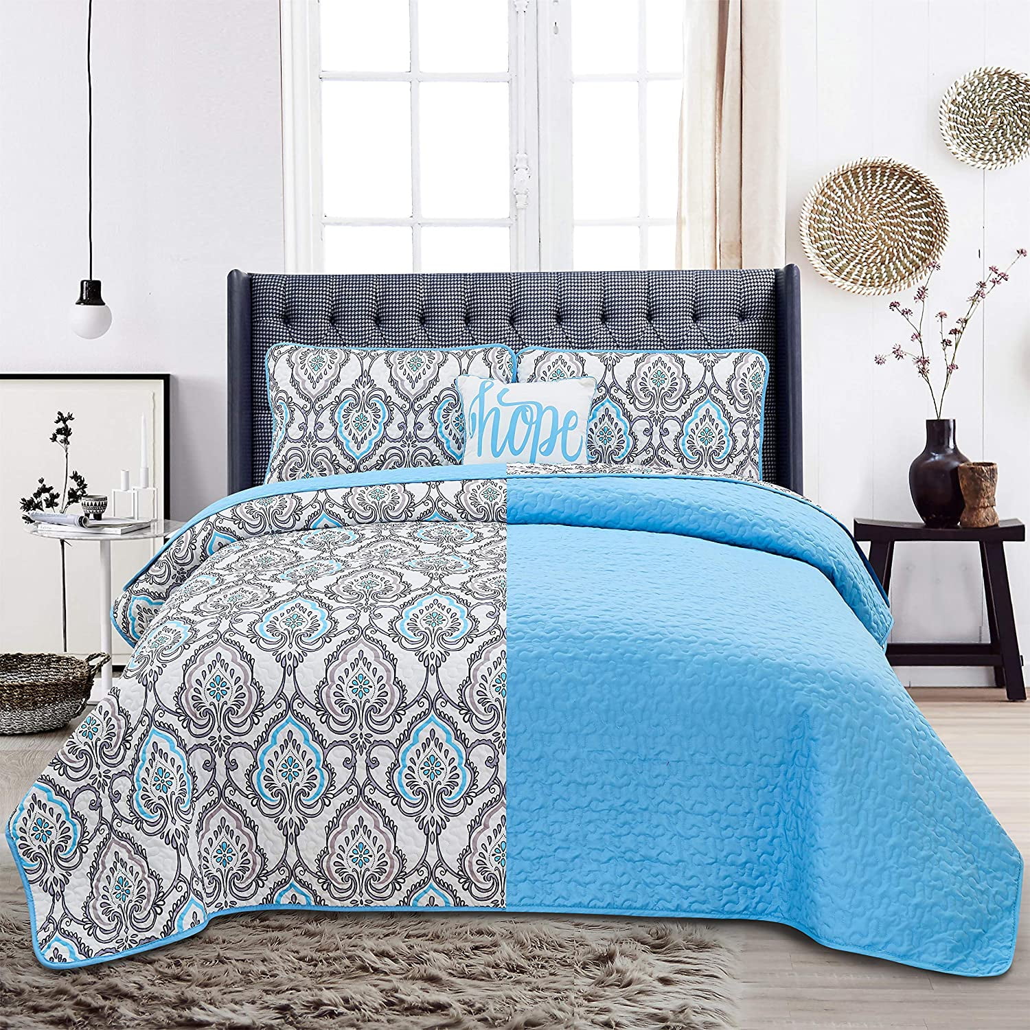 Hannah Linen Twin Size Quilts Set - Microfiber 3 Piece Down Alternative Design (Twin, Jade Blue)