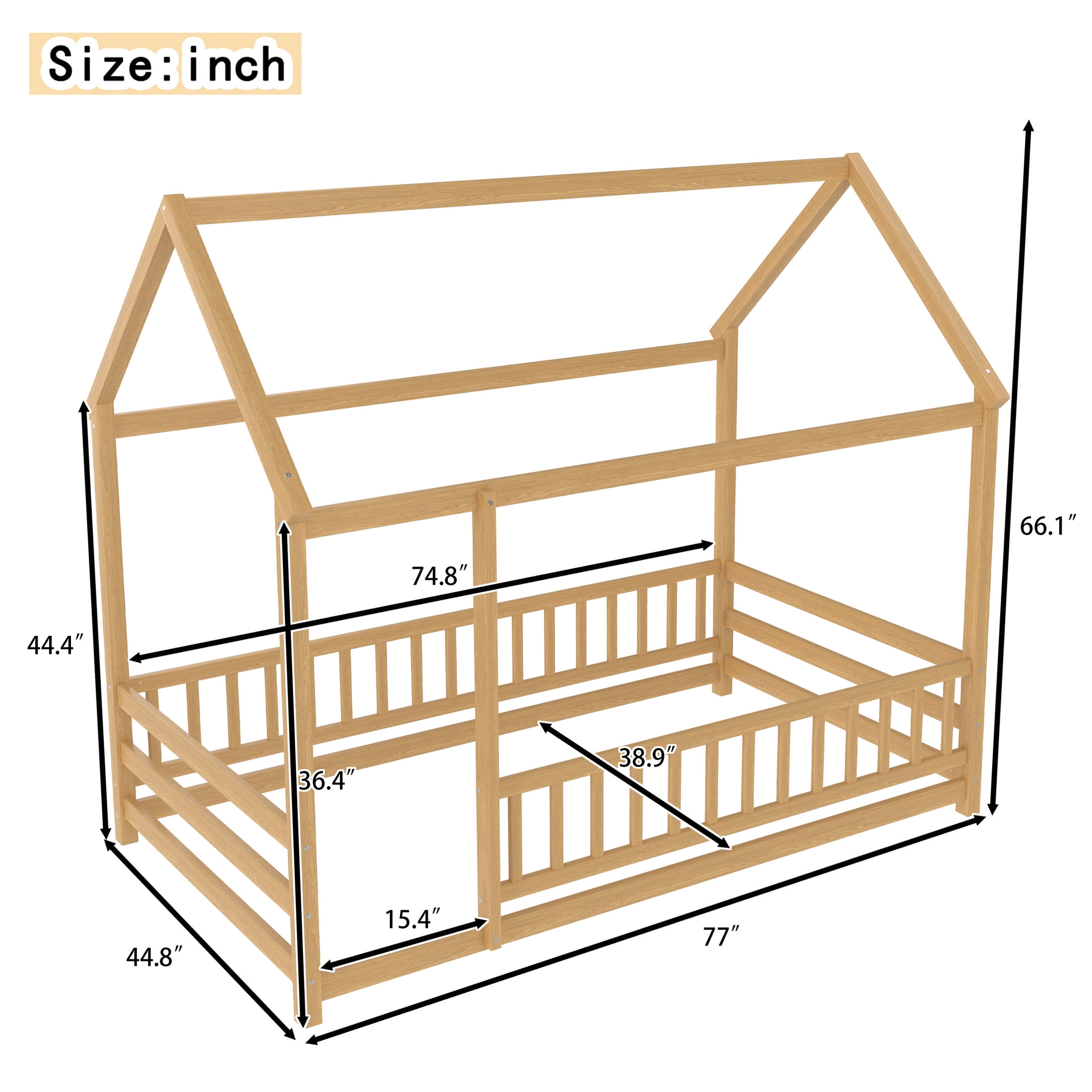 Noble House Twin Size Montessori Floor Bed with House Roof Frame and Safety Guardrails, Natural