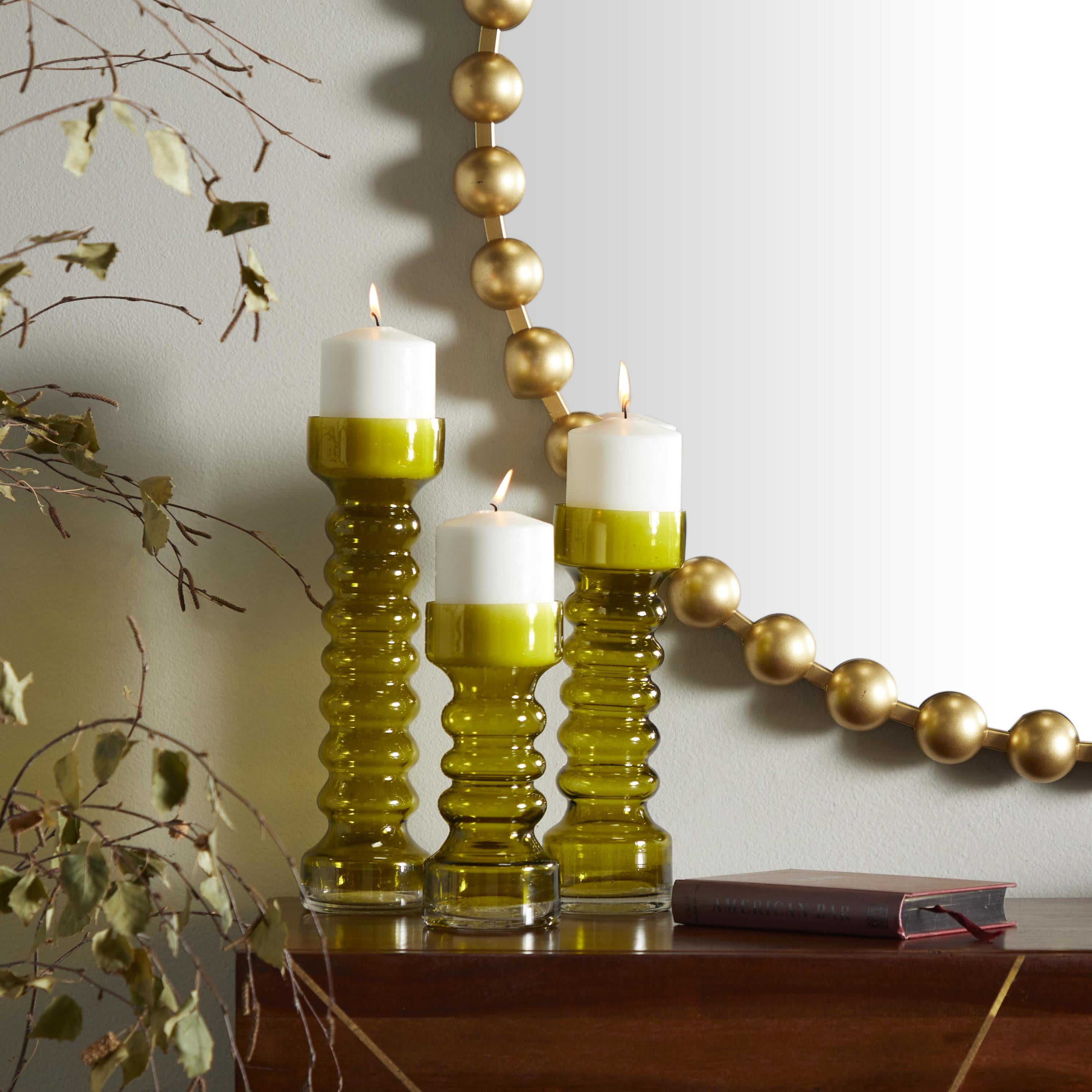 DecMode 3 Candle Green Glass Bubble Pillar Candle Holder, Set of 3