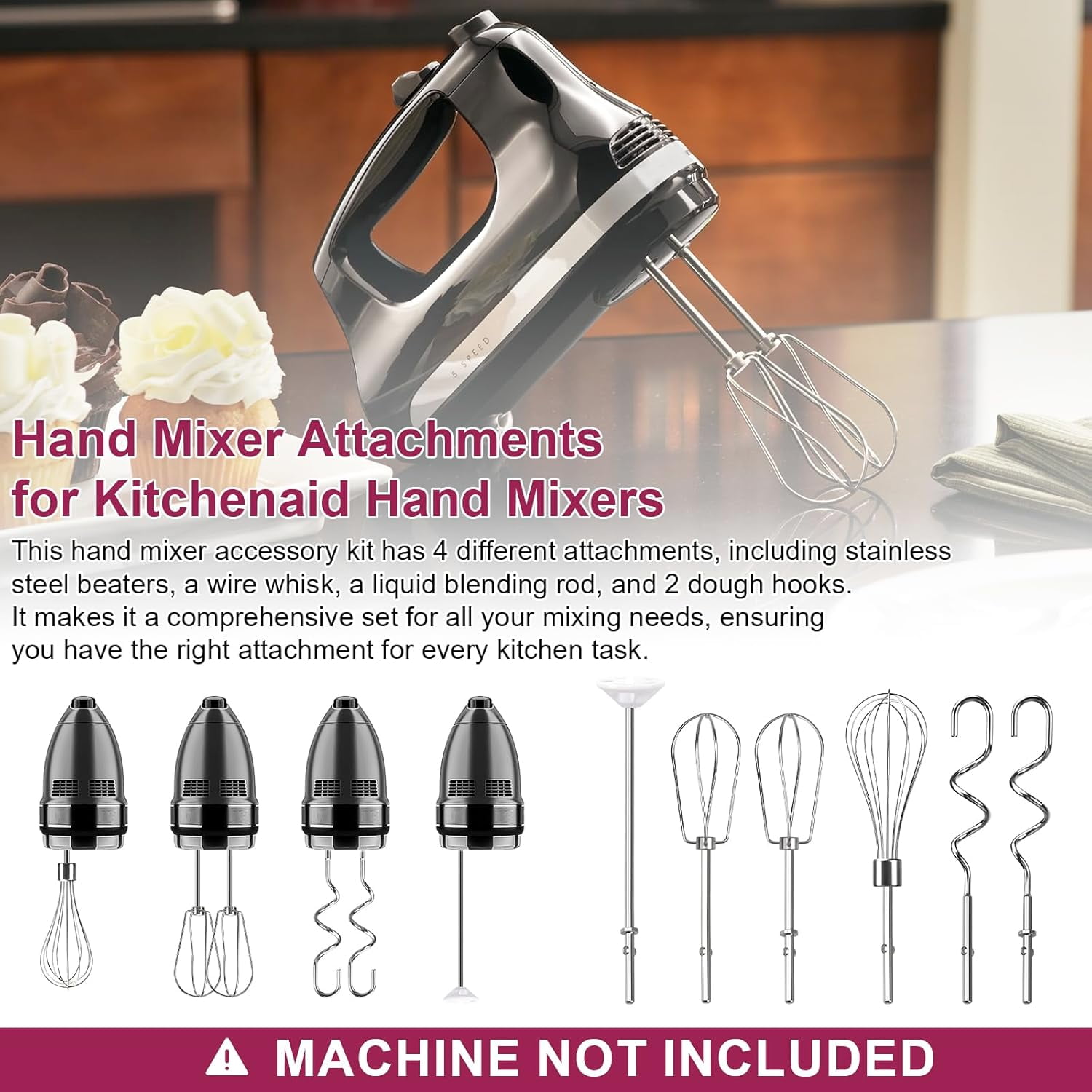 FRKSMD-Hand Mixer Beaters Attachments, Whisk, Dough Hooks, and Liquid Blending Rod, Stainless Steel Hand Mixer Accessories Compatible with Kitchenaid Hand Mixers KHM3 KHM5 KHM7 KHM9, KHM926, KHM512,