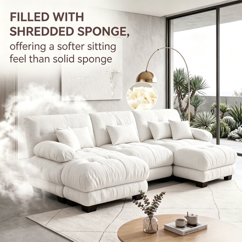 ANPPORT Cloud Couch Sleeper Sofa, Chenille White 3-Seater Modular Sofa with 2 Ottomans, 3 Lumbar pillows, 2 Pillows, Comfy Deep Seat Cloud Sofa, Convertible L-Shaped Floor Couch for Living Room