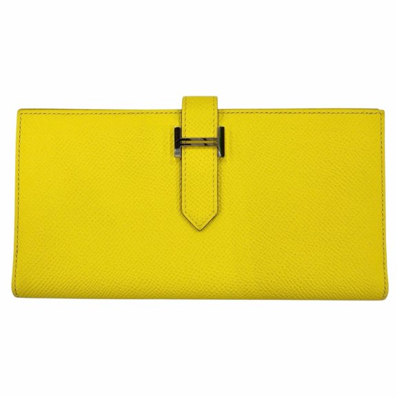 Pre-Owned HERMES Bearn Souffl Veau Epsom Jaune Naple Long Wallet with Silver Hardware, B...