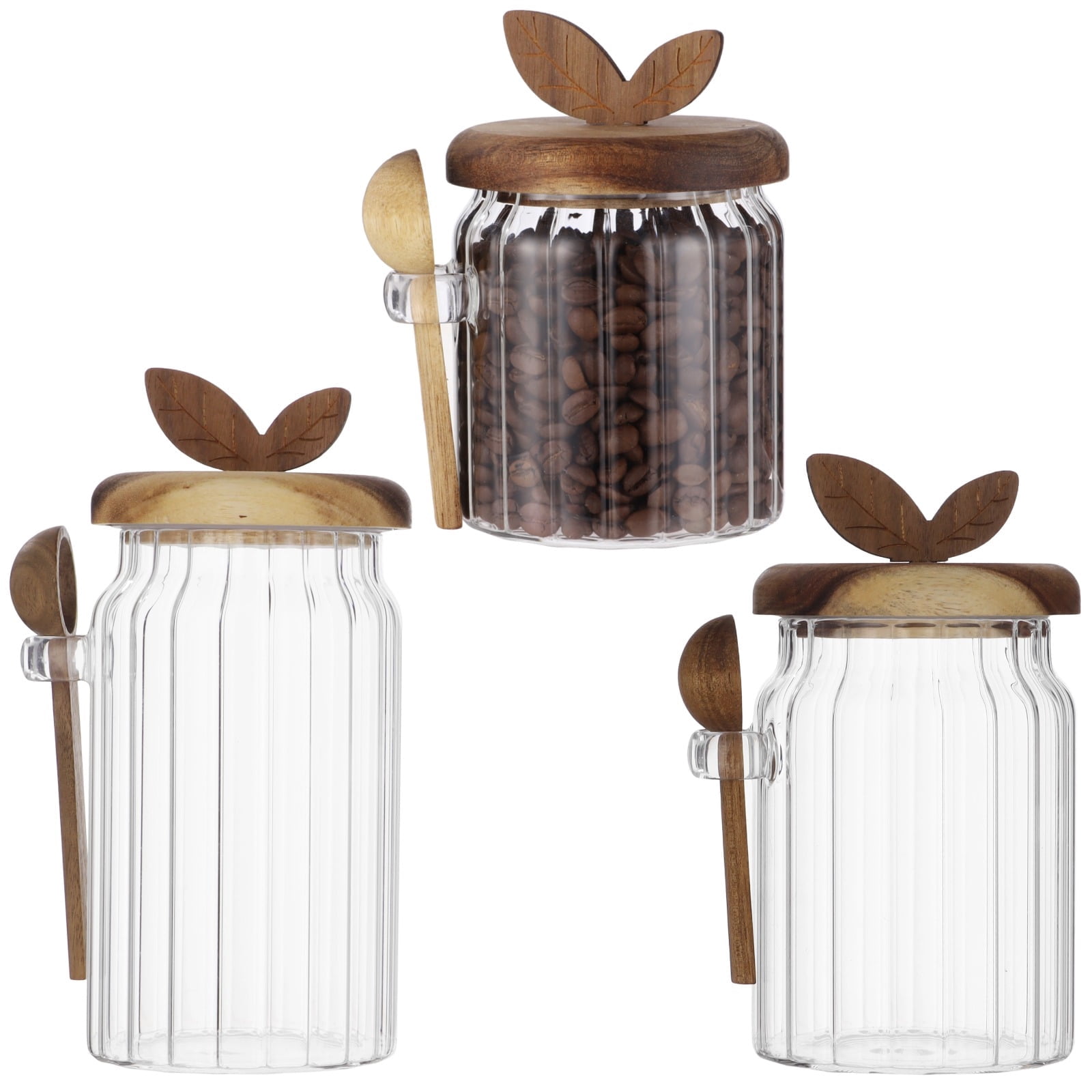 3PCS Striped Glass Jars with Spoons & Wooden Lids, Coffee Container Food Storage Containers, Airtight Kitchen Organization for Coffee Beans, Tea, Sugar & More