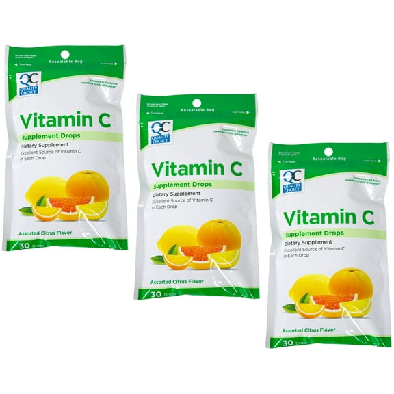Quality Choice Vitamin C Dietary Supplement Drops Citrus Flavor 30 Count Pack of 3