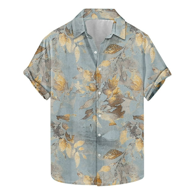 Camisas de Manga Corta de los Hombres Casual Hoja Impresión Solapa Superior, Mezcla de Poliéster/Spandex de la Moda para la Fiesta Y la Playa