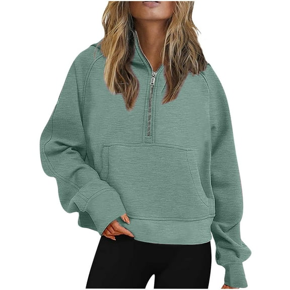 Fall Clothes 2023 Women Half Zip Cropped Hoodies Fleece Quarter Zip Up Pullover Sweatshirts Winter Clothes 2023 Outfits Sweater Coat(Green,5XL)