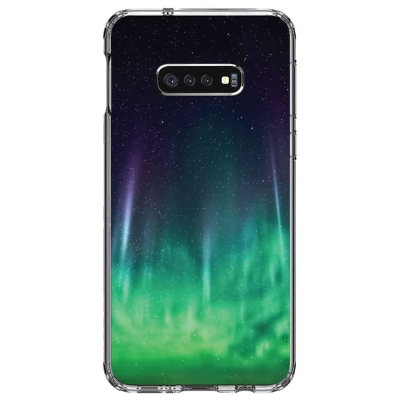 DistinctInk Clear Shockproof Hybrid Case for Samsung Galaxy S10e (5.8" Screen) - TPU Bumper, Acrylic Back, Tempered Glass Screen Protector - Aurora Borealis Northern Lights
